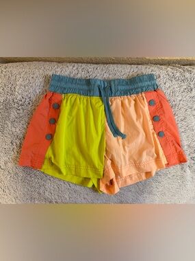Free People Colorblock Button Side Drawstring Shorts - Teal, Lime, Peach, Coral